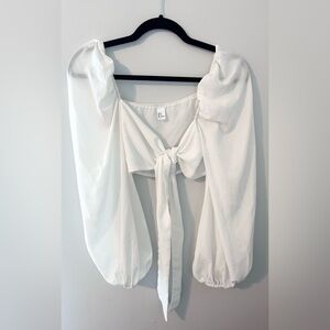 White Tie-Front Puff Sleeve Women's Top Size M Cottagecore Boho Festival